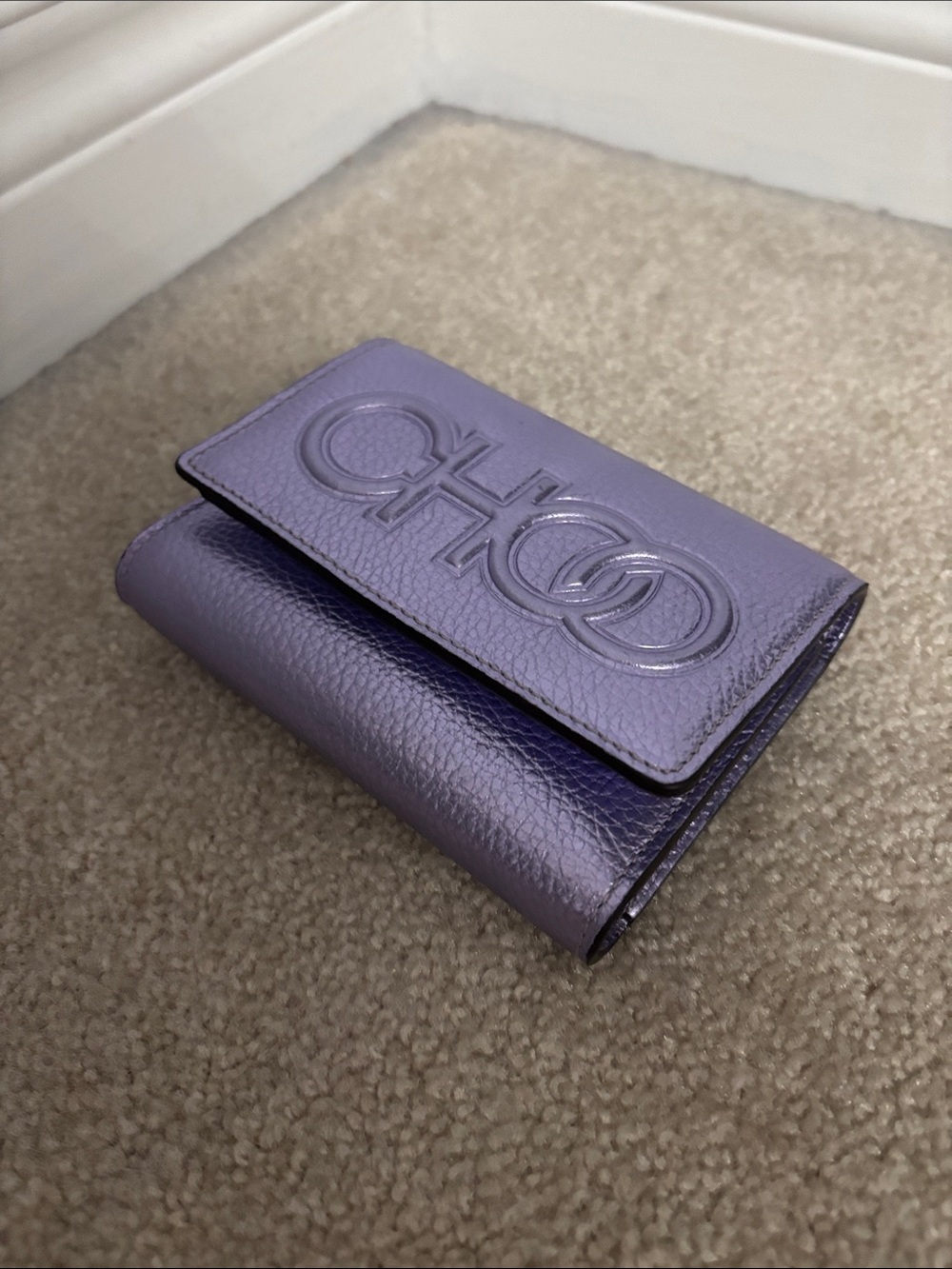 Jimmy Choo Metallic Lavender Pebbled Leather Card Wallet